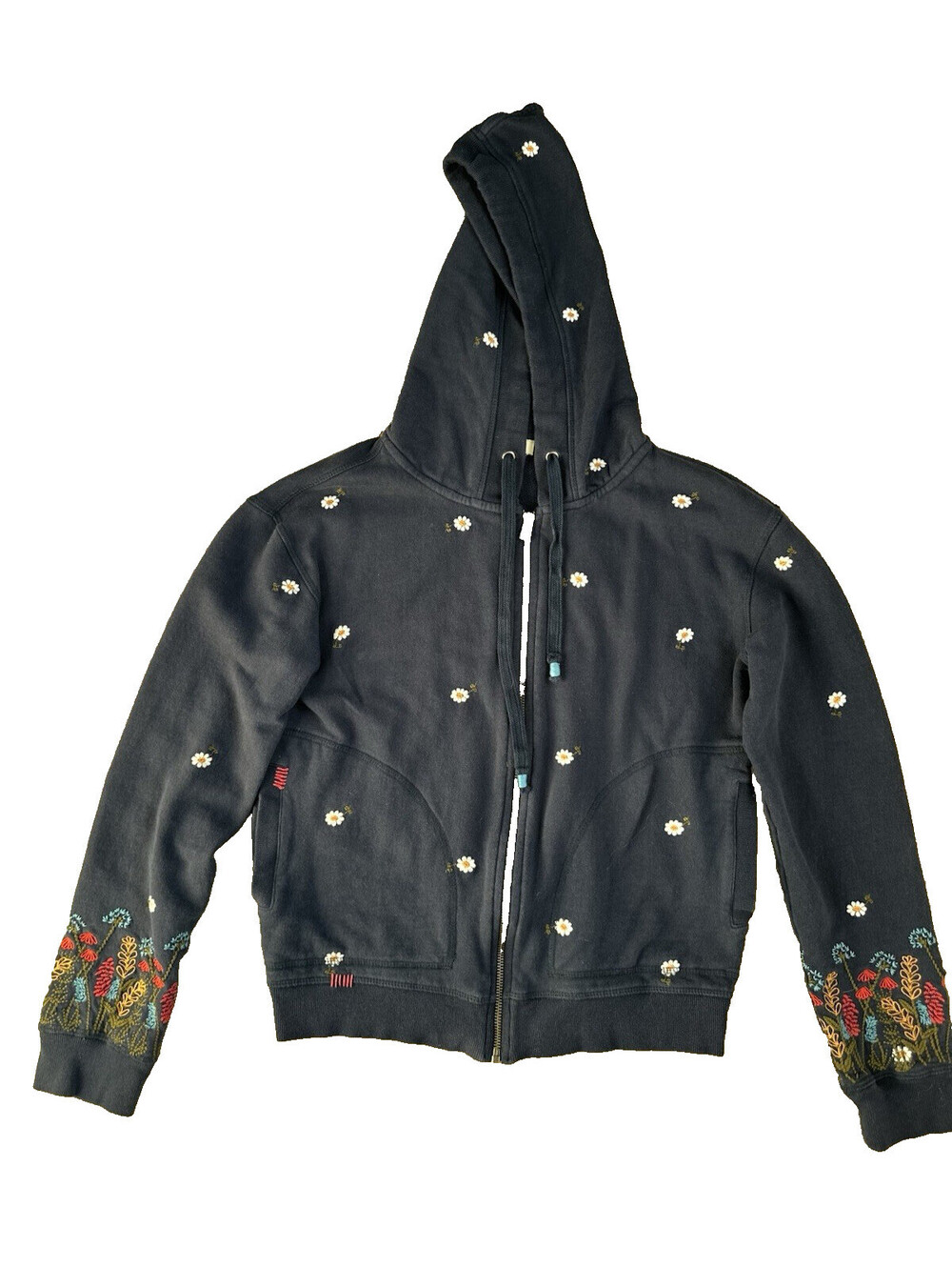 Sundance Hoodie XS Navy Blue Floral Daisy Embroidered Zip Up Women Jacket